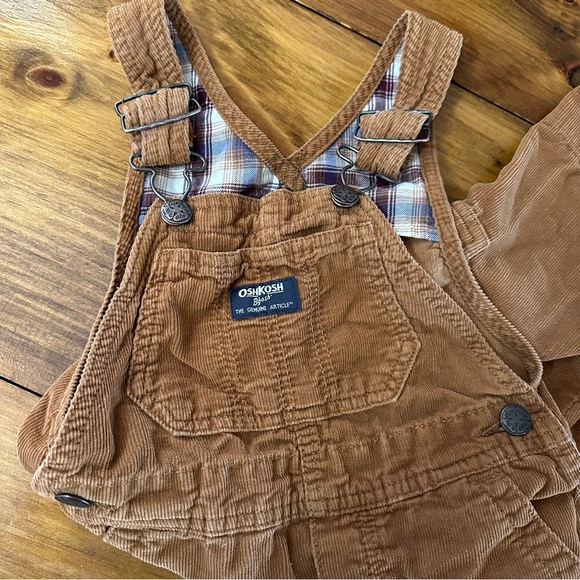 Oshkosh Bgosh 3T Toddler Tan Overalls Vestbak Lined Plaid Red Cotton - Picture 2 of 7